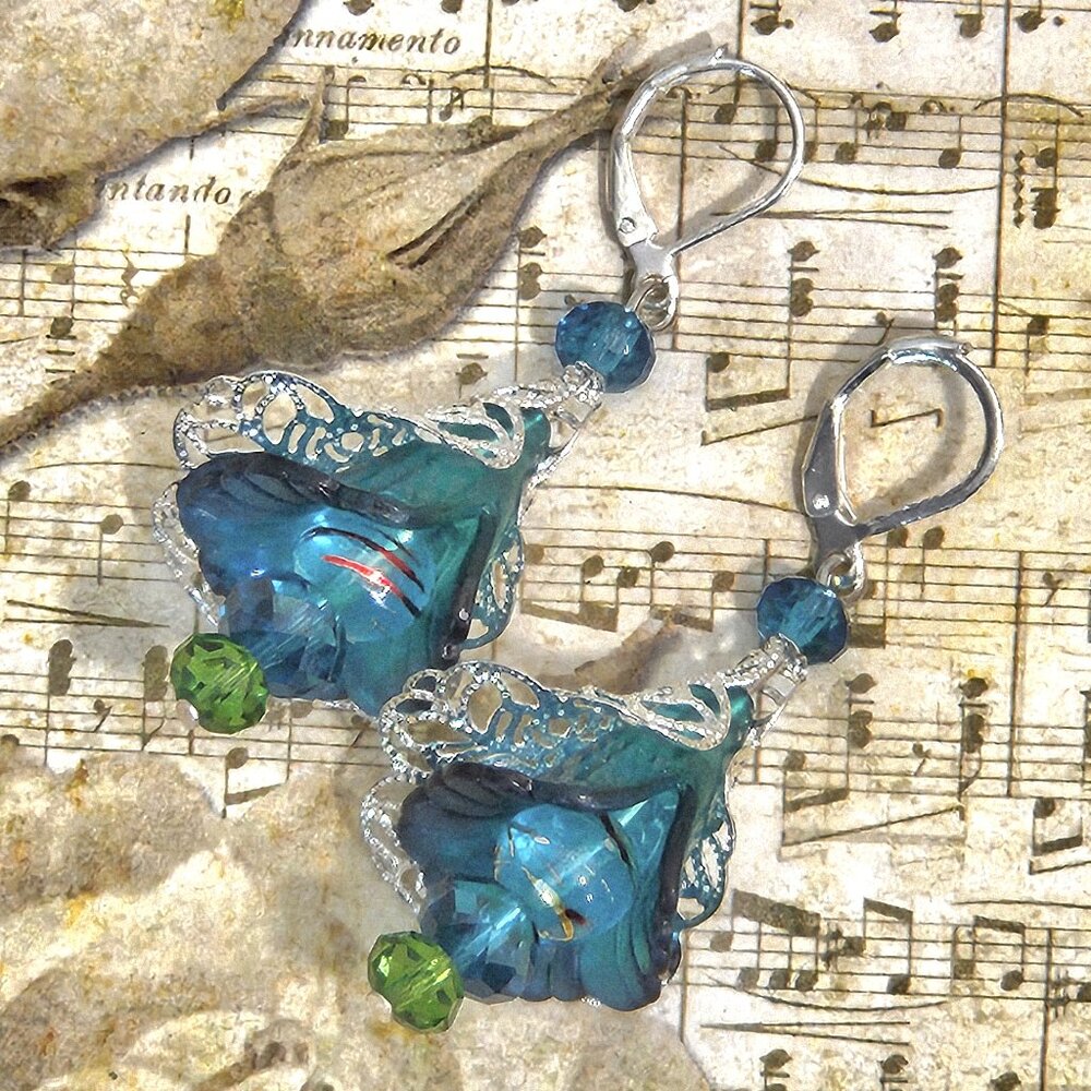 Blue Teal Silver Hand Painted Lucite Flower Earrings, Crystal, Filigree